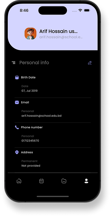 Student profile in the app